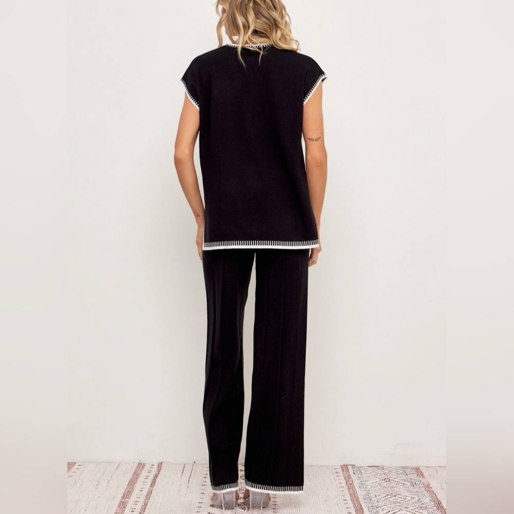 #51587 🛑L HIGH END Knit Sleeveless Top & Pants Set w/ Contrast - Picture 5 of 6